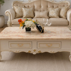 Bàn trà Rosavelle phong cách tân cổ điển, mặt đá hồng ngọc long nhân tạo, khung gỗ sồi OAK tự nhiên sơn Lacker màu kem, nổ…