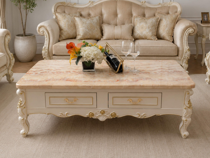 Bàn trà Rosavelle phong cách tân cổ điển, mặt đá hồng ngọc long nhân tạo, khung gỗ sồi OAK tự nhiên sơn Lacker màu kem, nổ…