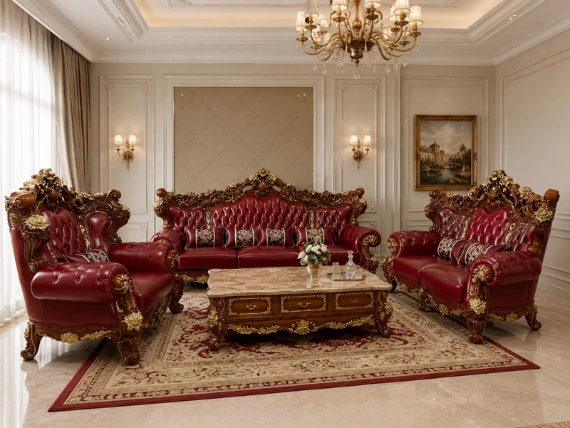 Bộ phòng khách CRIMSON EMPEROR được bố trí hài hòa trong không gian sang trọng, nhìn từ góc chính diện. Sofa băng dài, hai…