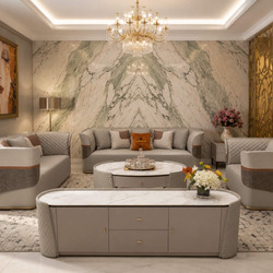 Toàn cảnh bộ sofa IMPERIO SFGD52-123 gồm ba băng ghế và bàn trà, bàn phụ trong không gian phòng khách luxury. Ghế bọc da m…