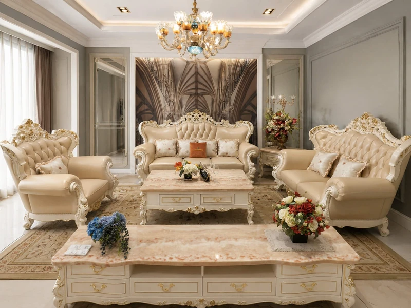 Góc nhìn rộng bộ sofa Royal Symphony SB921-1 trong không gian phòng khách tân cổ điển. Bộ sofa da màu kem với khung gỗ Sồi…