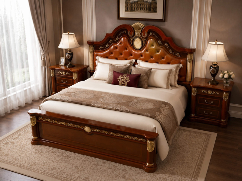 Góc chụp chéo của giường ngủ King size, làm nổi bật vẻ đẹp tổng thể của sản phẩm. Đầu giường bọc da bò tự nhiên màu nâu và…