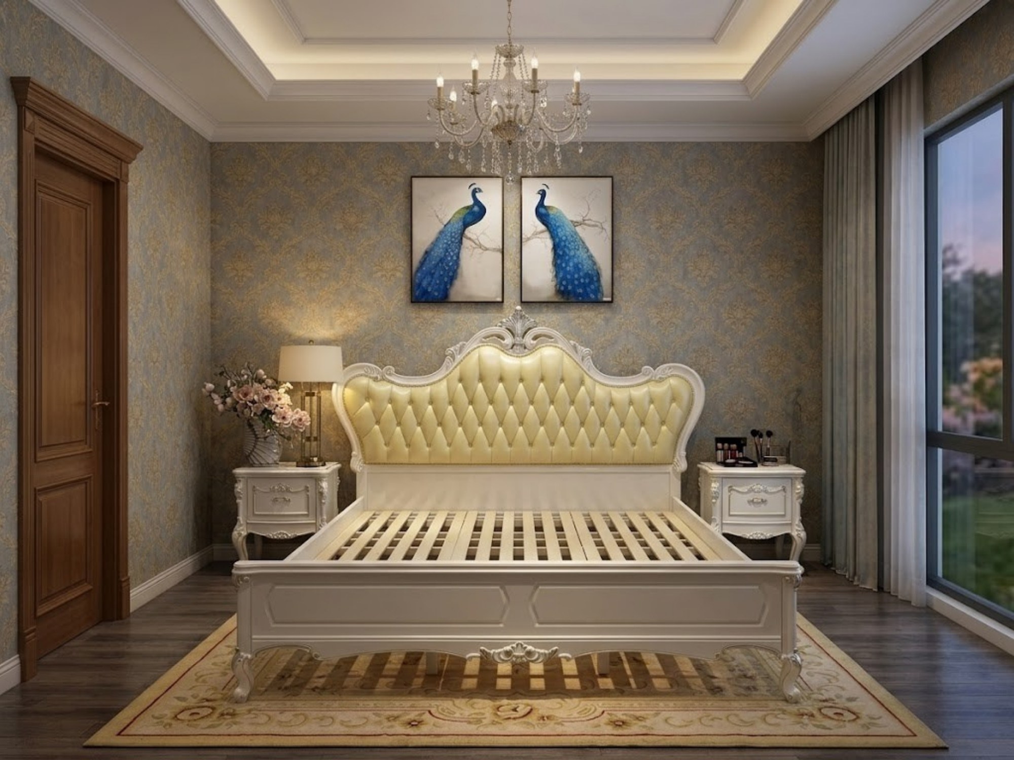 Giường ngủ tân cổ điển GIB15-18 được đặt trong một phòng ngủ hiện đại, sang trọng, chụp toàn cảnh. Giường có đầu giường bọ…
