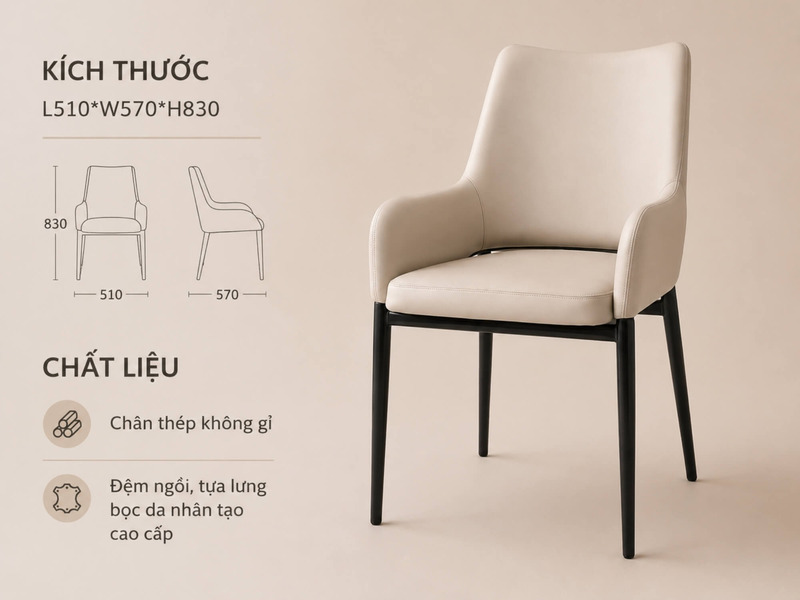 Ghế ăn hiện đại GASJ-817 màu kem, chụp góc nghiêng bên phải trên nền trơn màu be. Bên cạnh là hình minh họa kích thước L51…