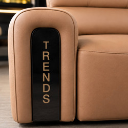 Cận cảnh tay vịn của ghế sofa chỉnh điện SF8144 màu nâu be, với chi tiết trang trí màu đen bóng có chữ