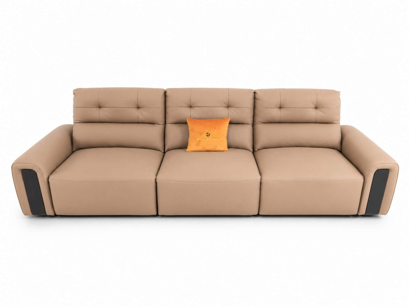 Ghế sofa chỉnh điện SF8144 màu nâu be chụp từ góc chính diện trên nền trắng tinh. Sofa có ba chỗ ngồi, tựa lưng và đệm ngồ…
