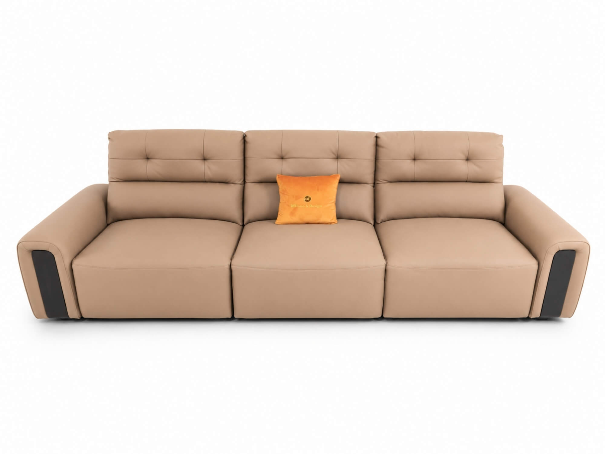 Ghế sofa chỉnh điện SF8144 màu nâu be chụp từ góc chính diện trên nền trắng tinh. Sofa có ba chỗ ngồi, tựa lưng và đệm ngồ…
