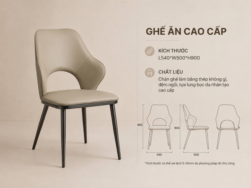 Hình ảnh minh họa ghế ăn hiện đại GAA370 màu be, bọc da nhân tạo, kèm theo thông số kỹ thuật chi tiết. Kích thước L540*W50…