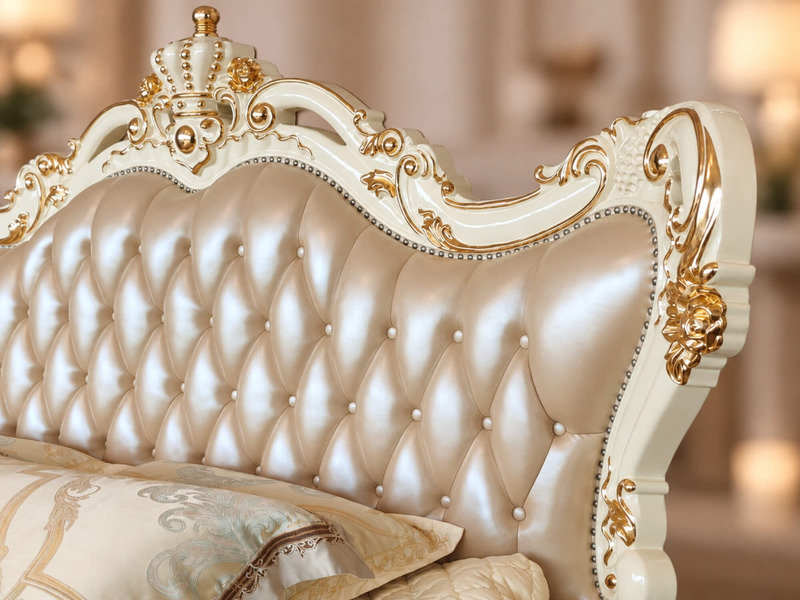 Cận cảnh phần đầu giường của Giường Ngủ REGALIA GIB68-20, nổi bật với lớp da bọc màu kem được may rút múi hình quả trám. K…