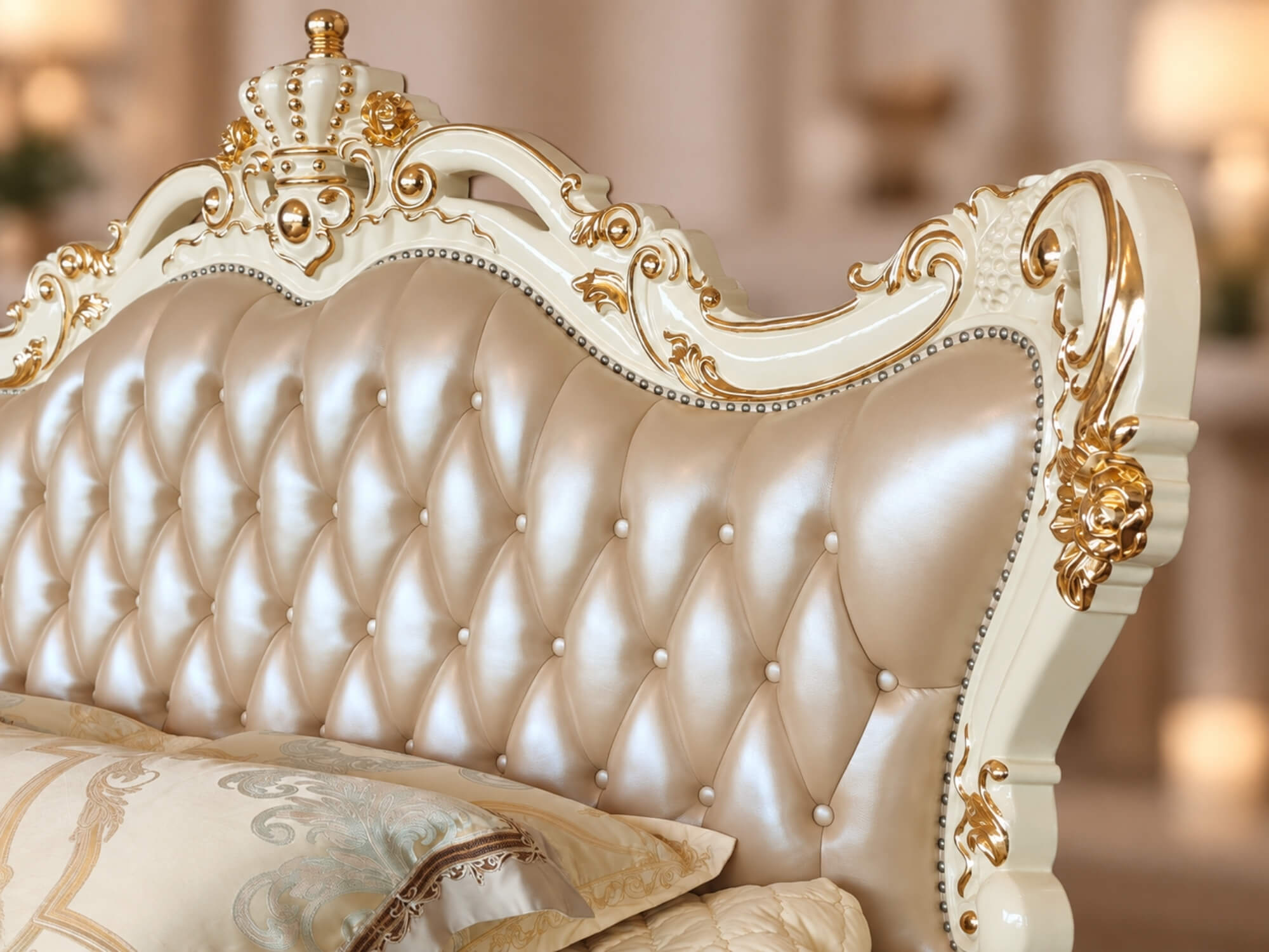 Cận cảnh phần đầu giường của Giường Ngủ REGALIA GIB68-20, nổi bật với lớp da bọc màu kem được may rút múi hình quả trám. K…