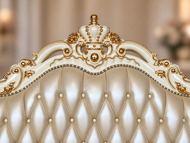Chi tiết đỉnh đầu giường của Giường Ngủ REGALIA GIB68-20, tập trung vào sự kết hợp giữa da bọc màu kem và các chi tiết chạ…