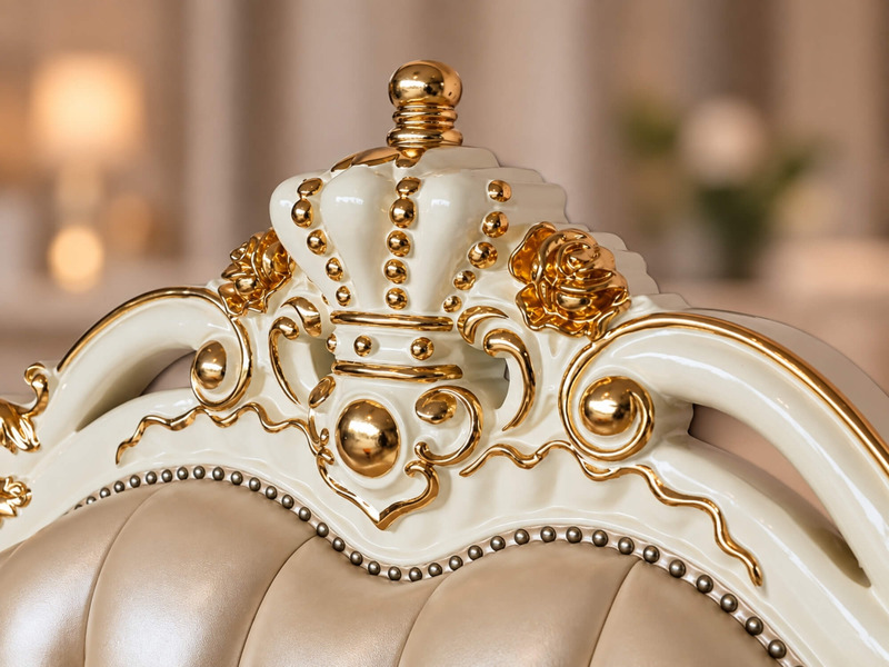 Cận cảnh chi tiết vương miện mạ vàng trên đỉnh đầu giường của Giường Ngủ REGALIA GIB68-20. Vương miện được chạm khắc tinh…