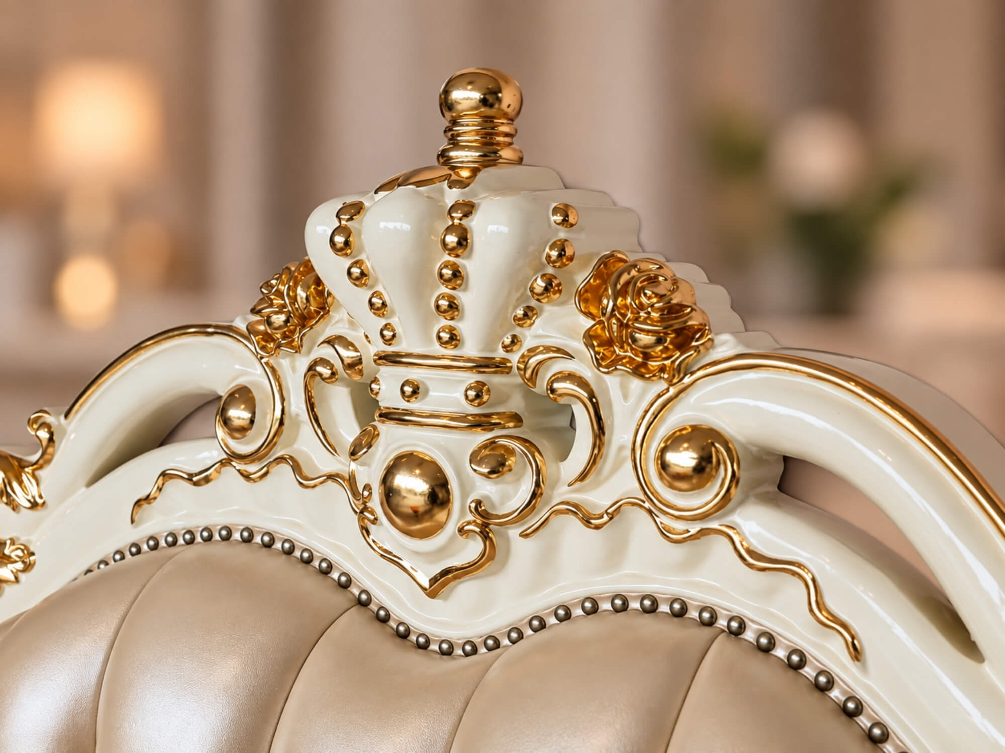 Cận cảnh chi tiết vương miện mạ vàng trên đỉnh đầu giường của Giường Ngủ REGALIA GIB68-20. Vương miện được chạm khắc tinh…