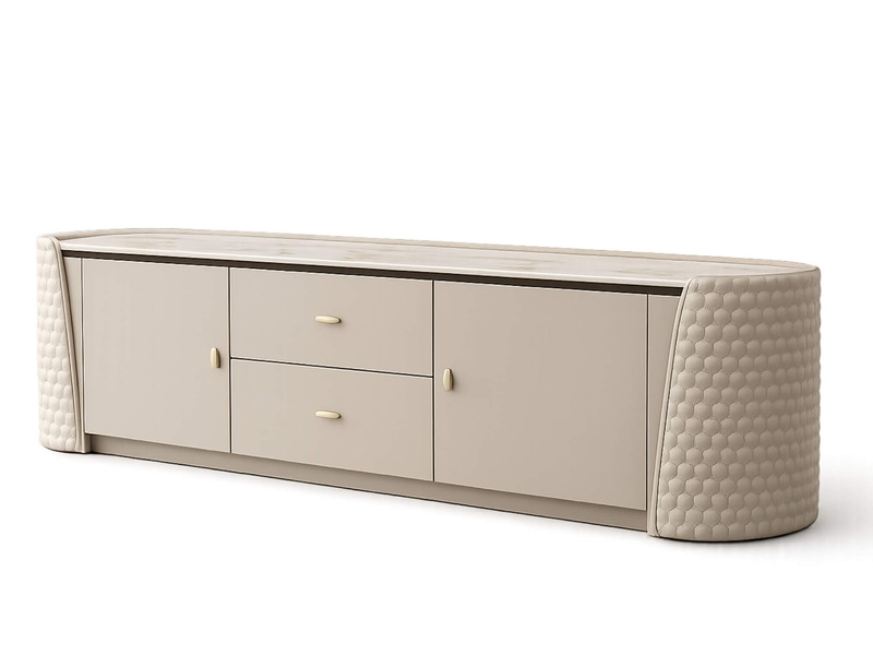 Kệ tivi IMPERIO Luxury KTQ916 chụp cận cảnh sản phẩm trên nền trắng studio. Nổi bật kiểu dáng hình chữ nhật bo góc mềm mại…