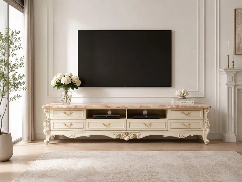Kệ tivi SAVOY 2M2 tân cổ điển được chụp chính diện, thể hiện rõ thiết kế sang trọng. Kệ có mặt đá nhân tạo vân hồng nổi bậ…