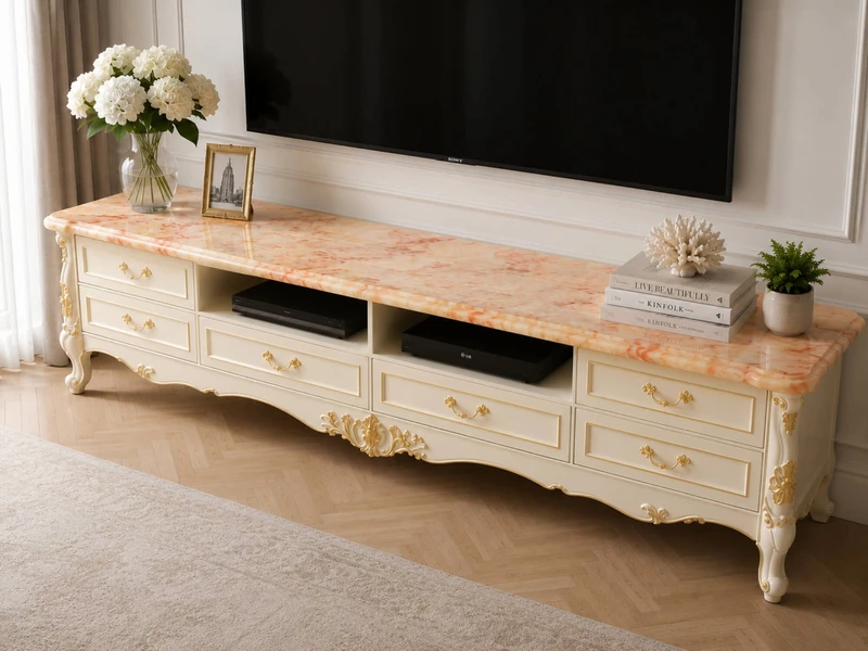 Kệ tivi SAVOY 2M2 tân cổ điển được chụp cận cảnh từ góc nghiêng, làm nổi bật mặt đá nhân tạo vân hồng và thân tủ trắng ngọ…