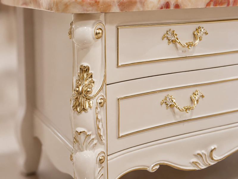 Hình ảnh cận cảnh chi tiết phần ngăn kéo và chân của kệ tivi SAVOY 2M2. Ngăn kéo màu trắng ngọc trai được trang trí bằng đ…