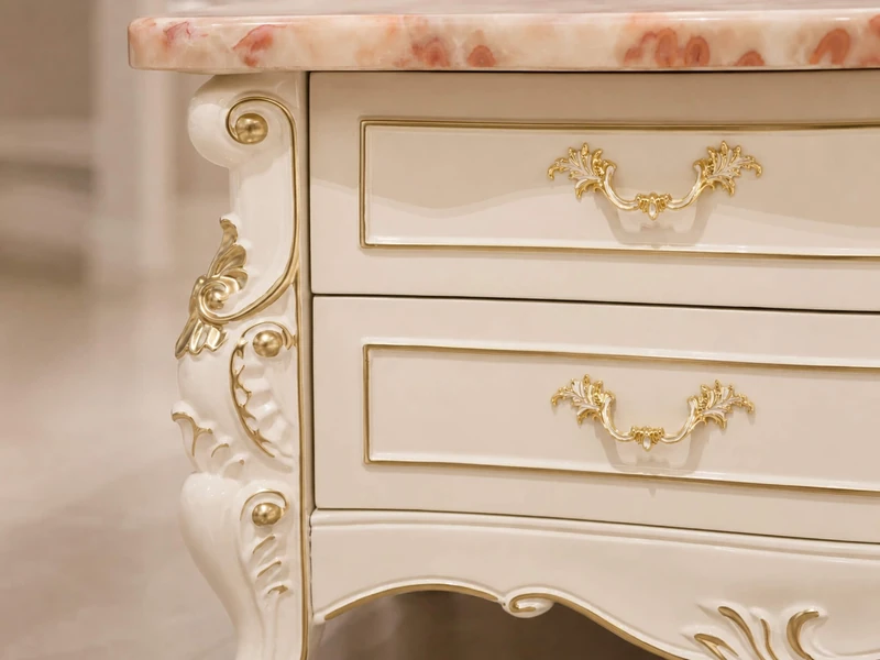 Chụp cận cảnh chi tiết phần ngăn kéo và cạnh tủ của kệ tivi SAVOY 2M2. Ngăn kéo màu trắng ngọc trai có đường viền phào chỉ…