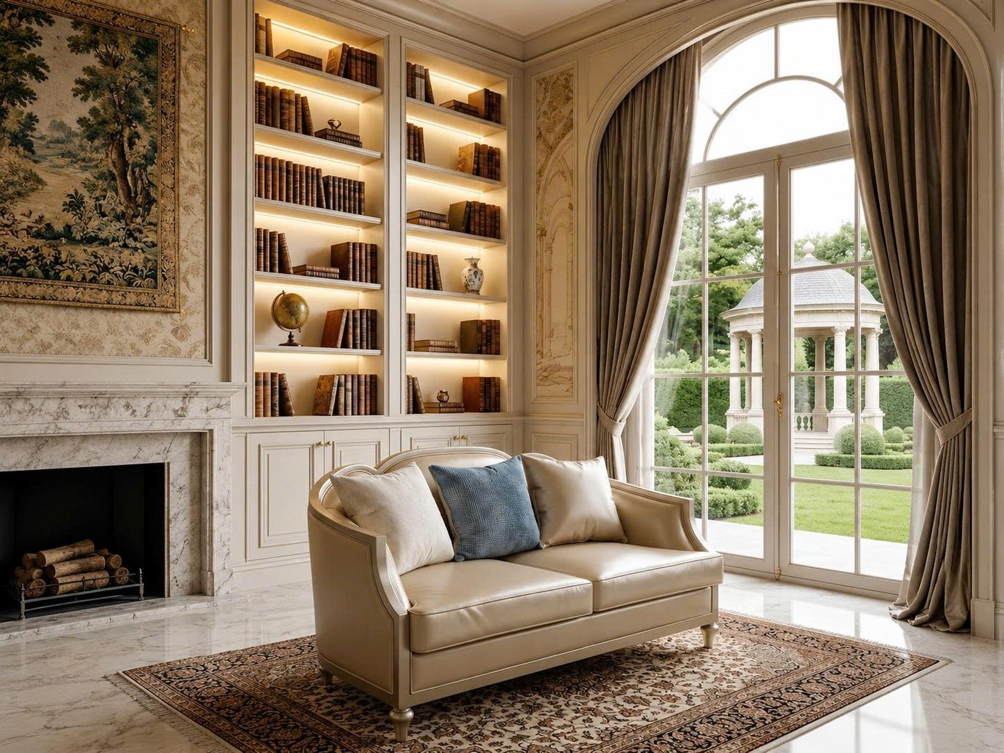 Sofa băng hai chỗ ngồi SFM218-123 Da 828 đặt giữa phòng khách rộng rãi, đối diện lò sưởi trang trí và kệ sách âm tường có…