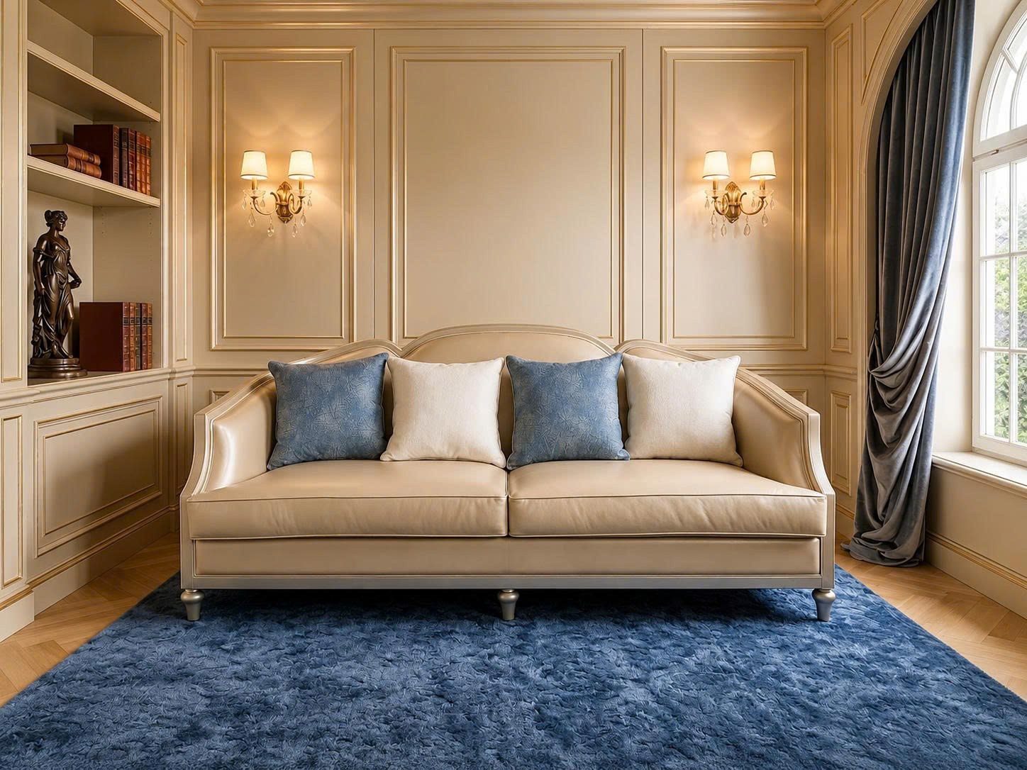 Sofa băng ba chỗ ngồi SFM218-123 Da 828 được chụp chính diện, nổi bật trên tấm thảm lông màu xanh đậm. Sofa bọc da màu kem…