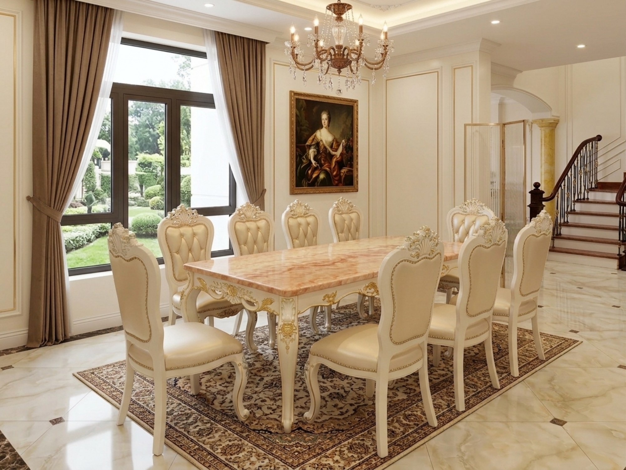 Ảnh chụp chi tiết bàn ăn T18-20 mạ vàng, làm rõ các đường nét chạm khắc và lớp sơn Lacker 7 lớp trên chân bàn. Mặt bàn đá…