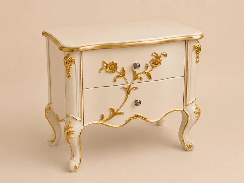 Tủ đầu giường TAD02 chụp góc 3/4 từ phía trước bên phải, nổi bật các đường cong mềm mại và họa tiết hoa lá chạm khắc tinh…