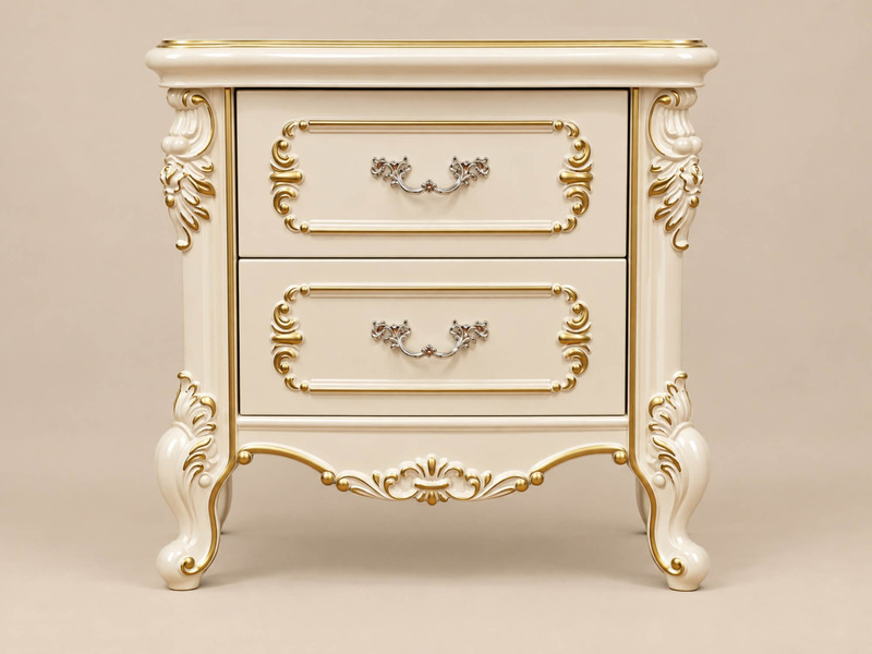 Tủ đầu giường FLEUR DE LUNE TA8802H được chụp chính diện, phô bày toàn bộ vẻ đẹp tân cổ điển. Thân tủ màu kem với hai ngăn…