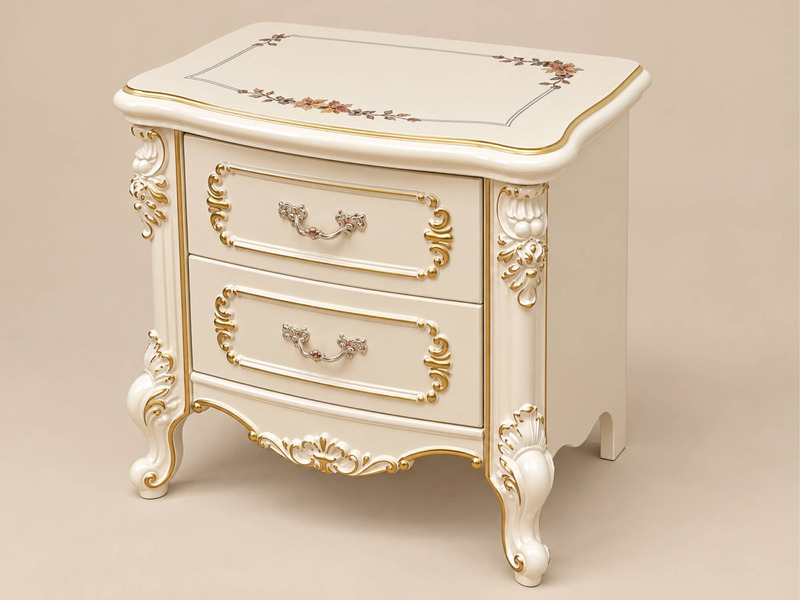 Tủ đầu giường FLEUR DE LUNE TA8802H chụp chính diện trên nền trắng, nổi bật với thiết kế tân cổ điển. Tủ có hai ngăn kéo…