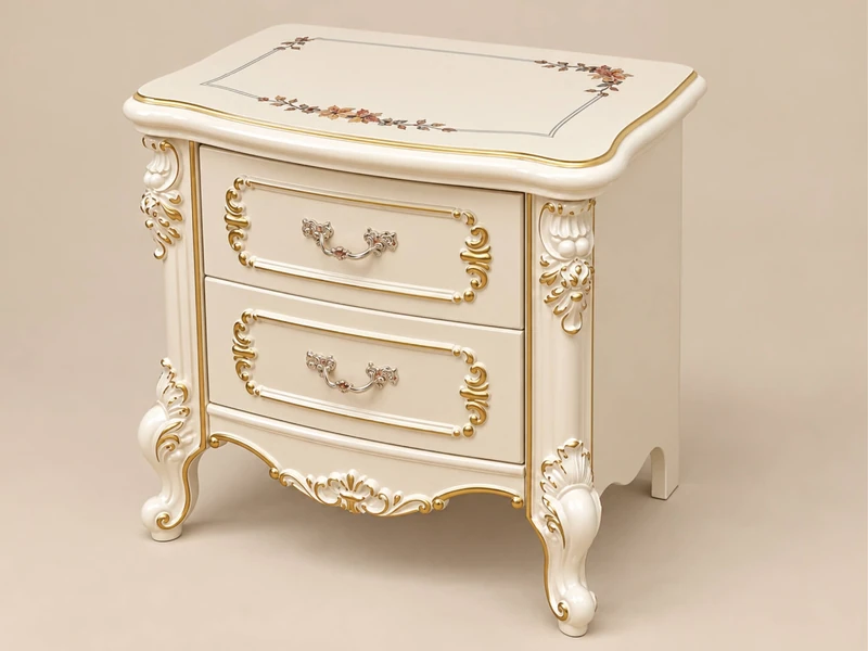 Tủ đầu giường FLEUR DE LUNE TA8802H chụp chính diện trên nền trắng, nổi bật với thiết kế tân cổ điển. Tủ có hai ngăn kéo…