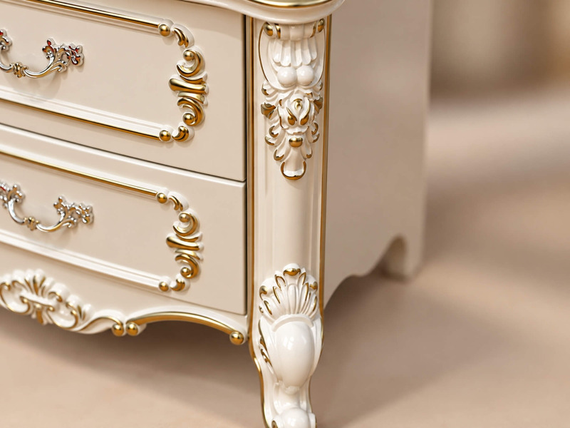 Góc cận cảnh chi tiết chân và cạnh bên của tủ đầu giường FLEUR DE LUNE TA8802H. Nổi bật là các đường cong mềm mại và họa t…