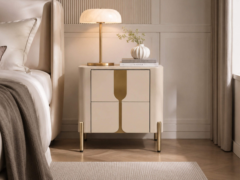 Tủ đầu giường TA8808 phong cách luxury, màu kem nhạt, đặt cạnh giường ngủ bọc nệm màu be. Tủ có hai ngăn kéo với tay nắm k…