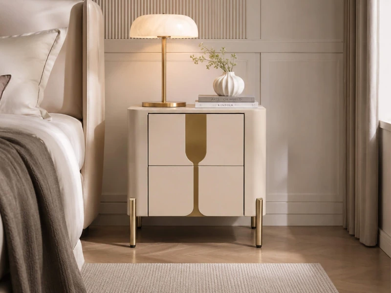 Tủ đầu giường TA8808 phong cách luxury, màu kem nhạt, đặt cạnh giường ngủ bọc nệm màu be. Tủ có hai ngăn kéo với tay nắm k…