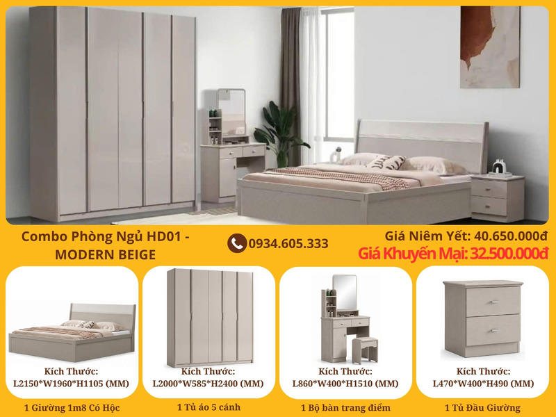 Tổng thể combo phòng ngủ hiện đại màu be, bao gồm giường đôi, tủ quần áo 5 cánh, bàn trang điểm và tủ đầu giường, được sắp…