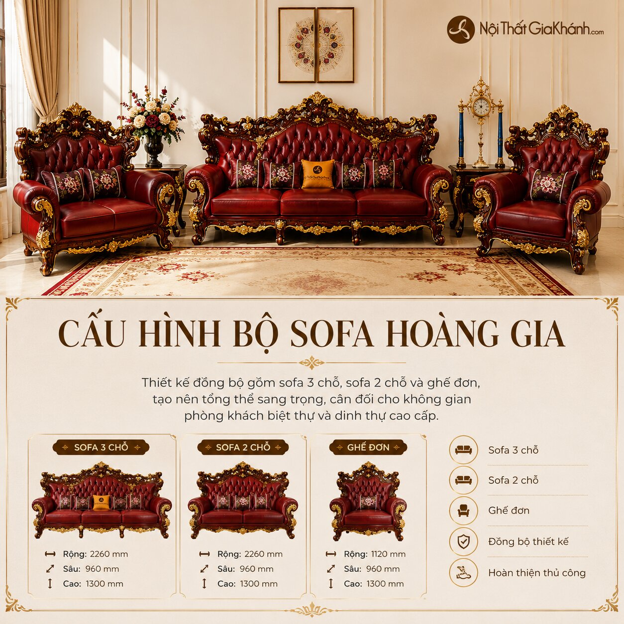 Combo Bộ Phòng Khách CRIMSON EMPEROR Phong Cách Tân Cổ Điển Hoàng Gia SF926 