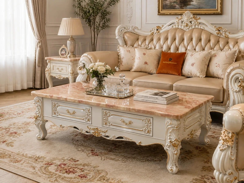 Bàn trà tân cổ điển BTA19-14 của Gia Khánh đặt trong không gian phòng khách sang trọng, được chụp từ góc tổng thể phía trư…