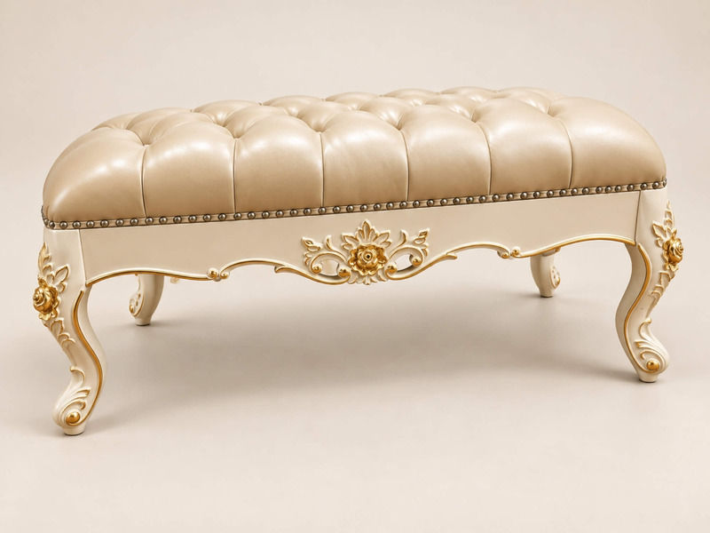 Ghế đôn sofa Élysée chụp cận cảnh từ bên hông, nổi bật với thiết kế tân cổ điển. Mặt đệm bọc da bò màu kem, rút khuy đều đ…