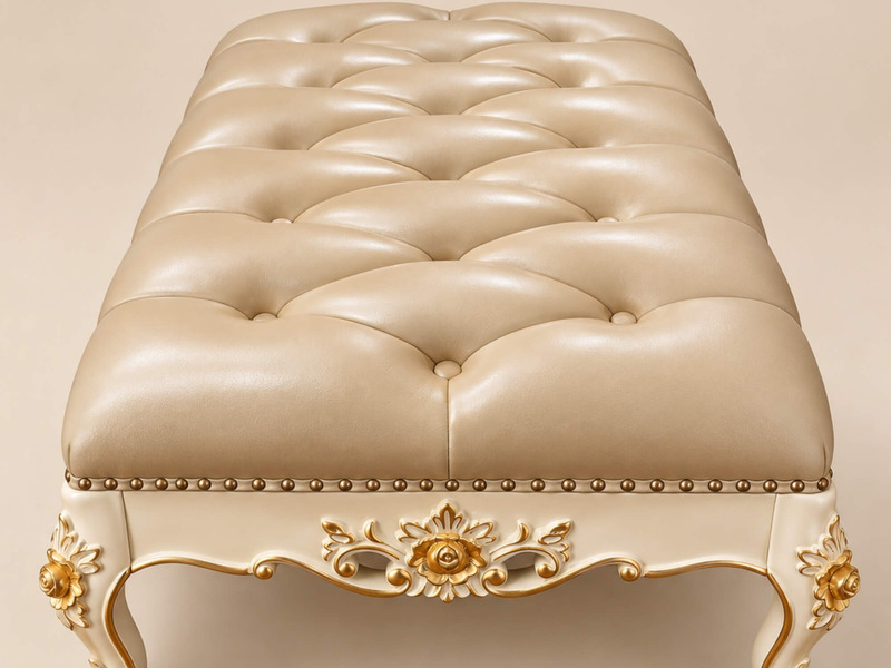 Cận cảnh mặt đệm ghế đôn sofa Élysée bọc da bò tự nhiên màu kem, với kỹ thuật rút khuy tạo múi phồng đều đặn và sang trọng…