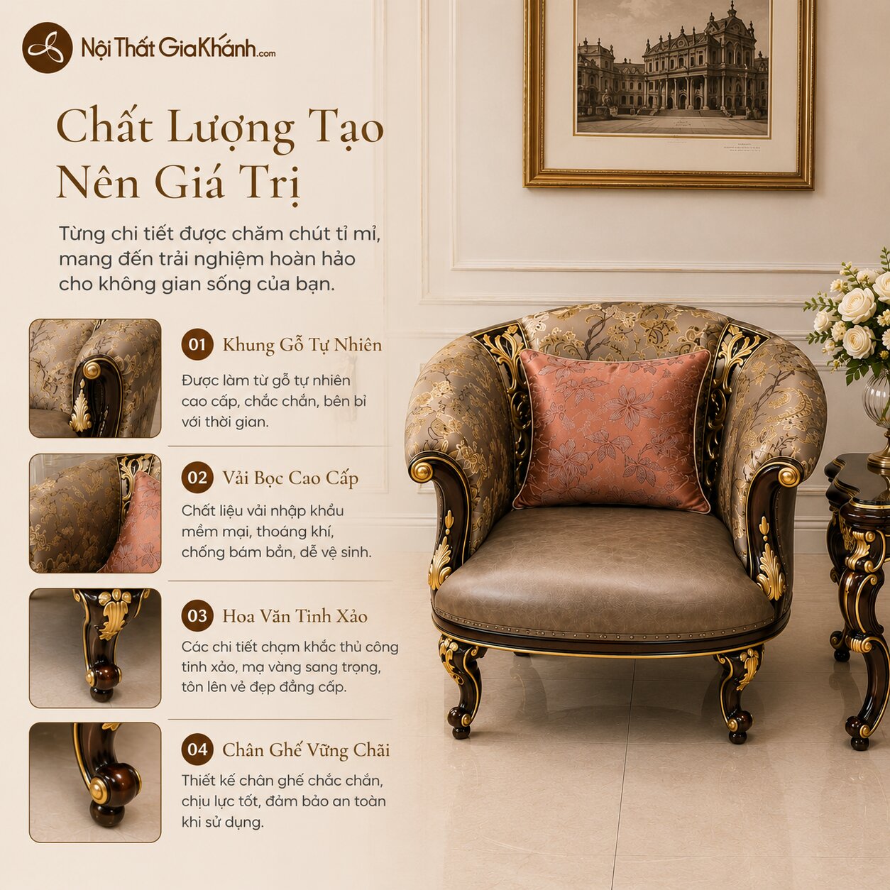 Một chiếc ghế thư giãn G8802 chụp cận cảnh, tập trung vào chất liệu và chi tiết. Ghế có tựa lưng cao bọc vải hoa văn màu b…
