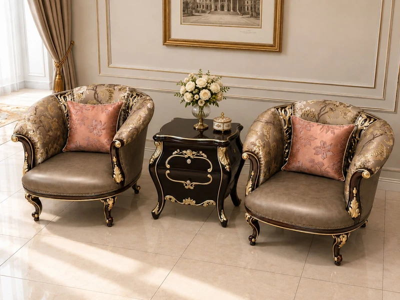 Combo ghế thư giãn Royal Camellia G8802 chụp chính diện, gồm hai ghế đơn và một bàn trà nhỏ đặt giữa. Ghế có tựa lưng cao…