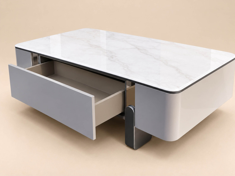 Bàn trà LUNA BT6209-14 với ngăn kéo được mở ra, cho thấy không gian lưu trữ tiện lợi bên trong. Mặt bàn đá vi tinh thể trắ…