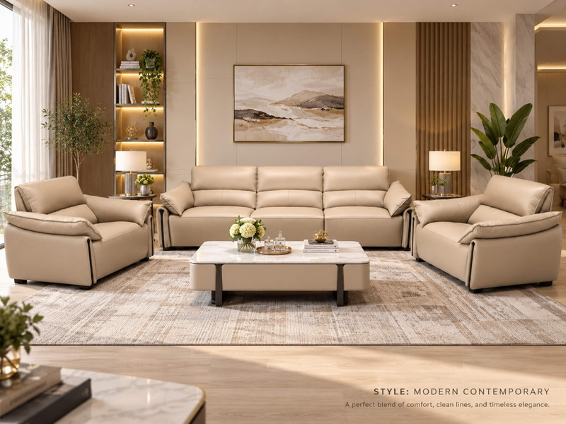 Bộ sofa COCOON màu be nhạt, gồm một băng ba, một băng đôi và hai ghế đơn, được bố trí hài hòa trong không gian phòng khách…