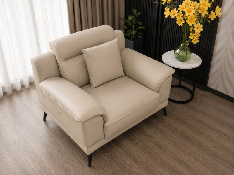 Ghế sofa đơn Belluno SB01 nhìn từ trên xuống, thể hiện rõ phần tựa lưng và tay vịn bo cong mềm mại, đệm ngồi rộng rãi, bọc…