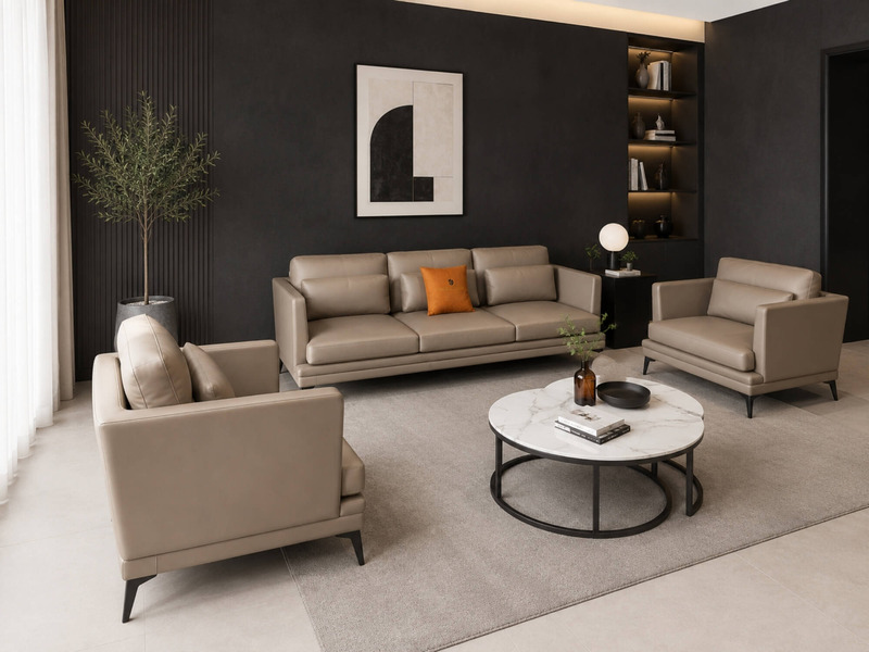 Bộ sofa LEXINGTON chữ L màu nâu be được chụp từ góc phía sau, cho thấy rõ đường nét tinh tế của lưng ghế thấp và tay vịn m…