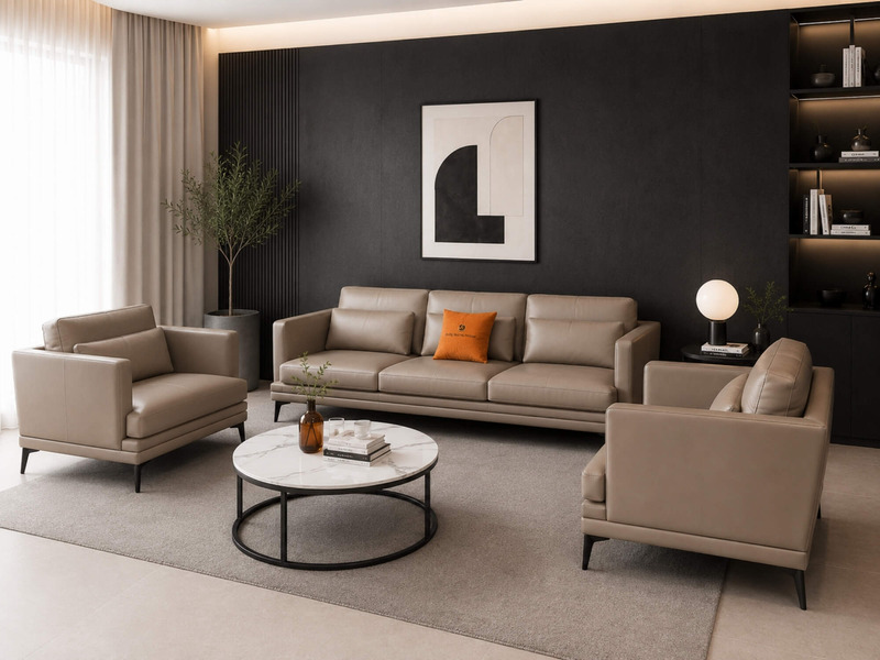 Góc nhìn tổng thể bộ sofa LEXINGTON màu nâu be từ phía trước, làm nổi bật thiết kế thanh lịch và không gian phòng khách sa…