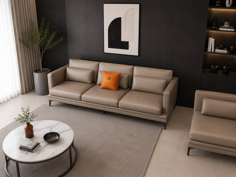 Cận cảnh phần băng dài của bộ sofa LEXINGTON màu nâu be, với các đệm ngồi và tựa lưng dày dặn, êm ái, điểm nhấn là gối tựa…