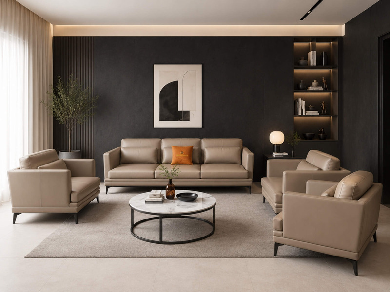 Toàn cảnh bộ sofa LEXINGTON chữ L màu nâu be từ góc nhìn trên cao, thể hiện sự sắp đặt thông minh trong phòng khách hiện đ…