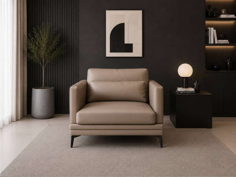 Cận cảnh ghế đơn của bộ sofa LEXINGTON màu nâu be, với thiết kế tay vịn rộng và đệm ngồi dày dặn, mang lại sự thoải mái tố…