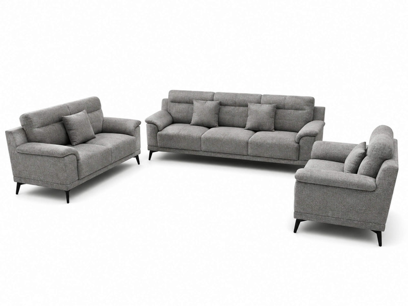 Toàn cảnh bộ sofa Belluno SB01 gồm một băng 3 và hai băng 1, chụp từ trên cao. Các ghế được sắp xếp gọn gàng trên sàn gỗ…