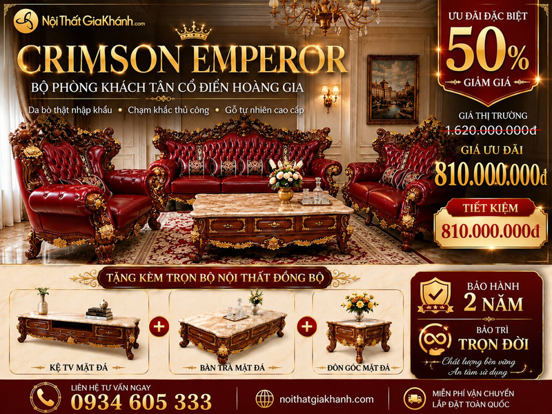 Toàn cảnh combo bộ phòng khách CRIMSON EMPEROR phong cách tân cổ điển hoàng gia, nhìn từ góc rộng, bao gồm sofa băng dài…