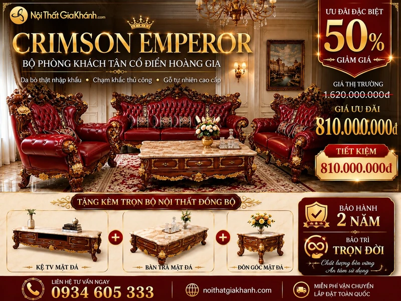 Toàn cảnh combo bộ phòng khách CRIMSON EMPEROR phong cách tân cổ điển hoàng gia, nhìn từ góc rộng, bao gồm sofa băng dài…